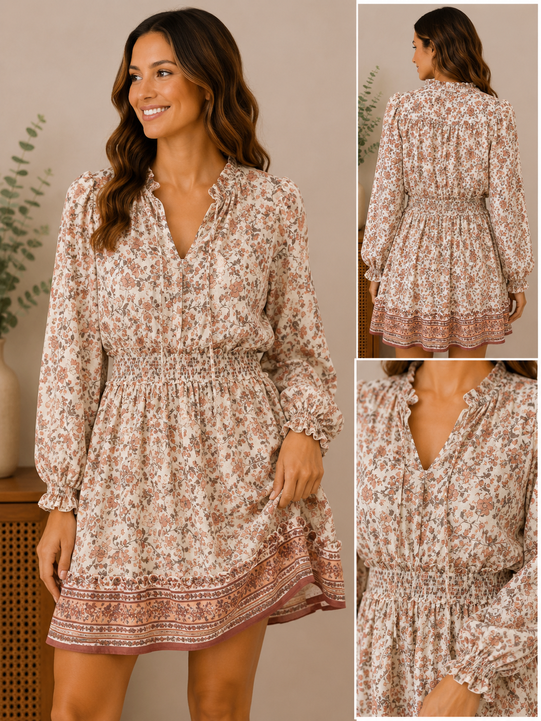 Woman wearing the autumn meadow floral dress in cream / dusty rose floral multi.
