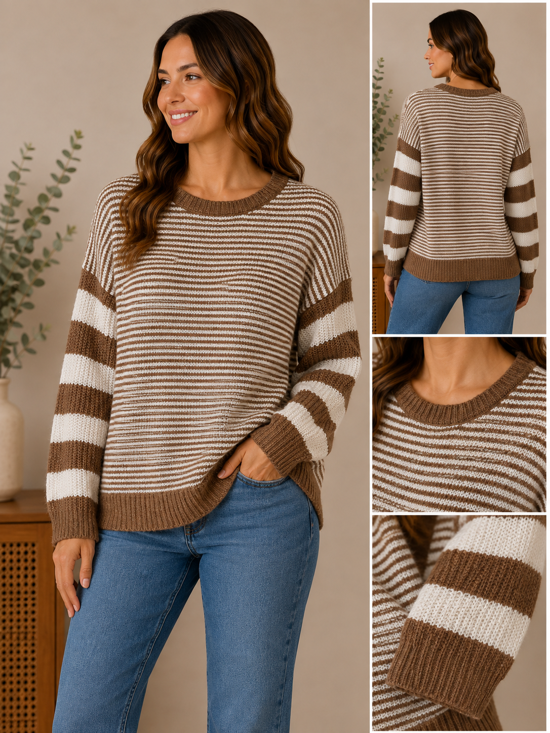 Woman wearing the mocha mornings striped sweater in mocha brown & ivory.