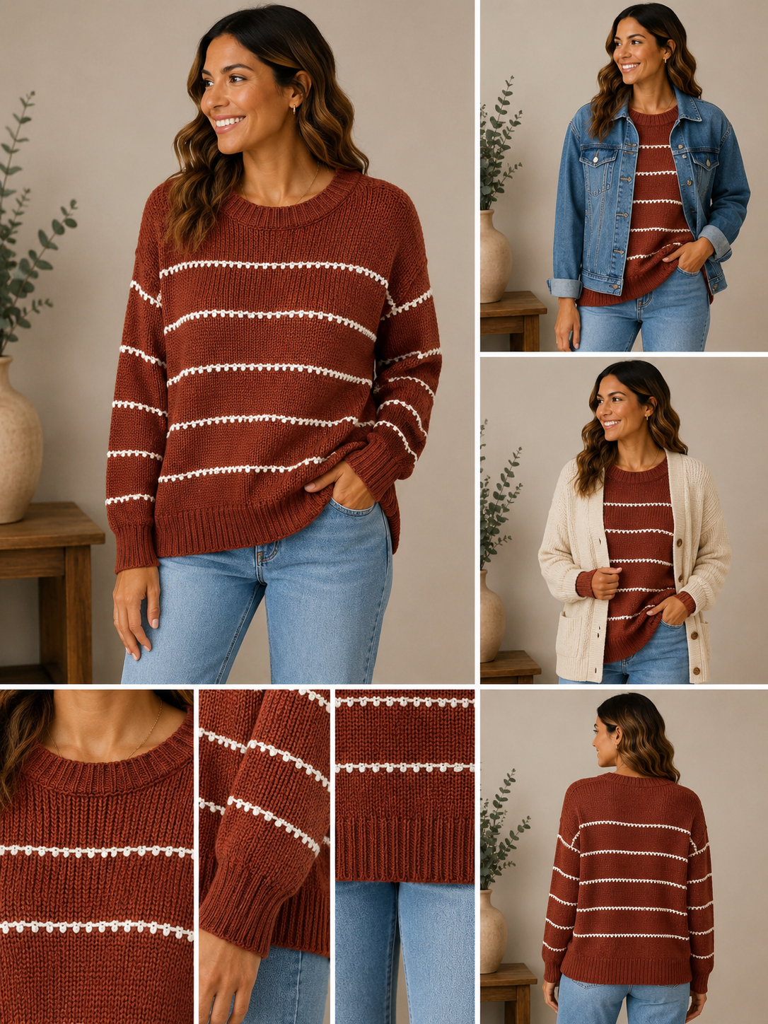 Woman wearing the autumn spice striped knit sweater in rust & cream.