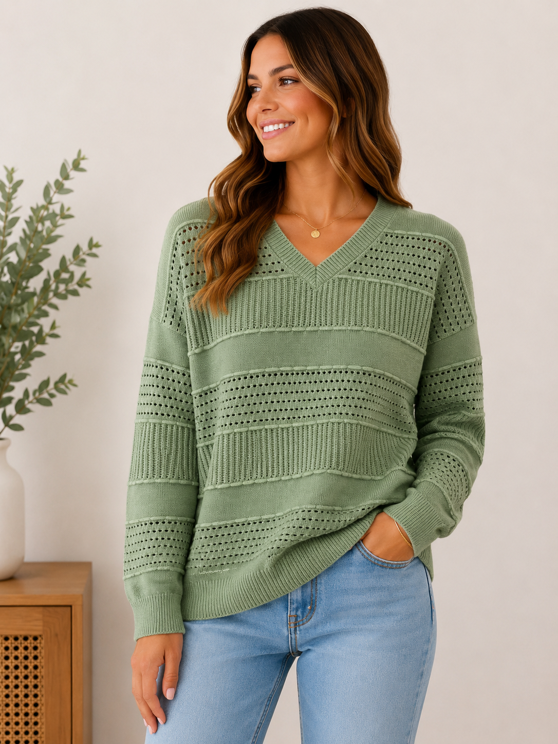 Woman wearing the sage meadow textured v-neck sweater in sage green.