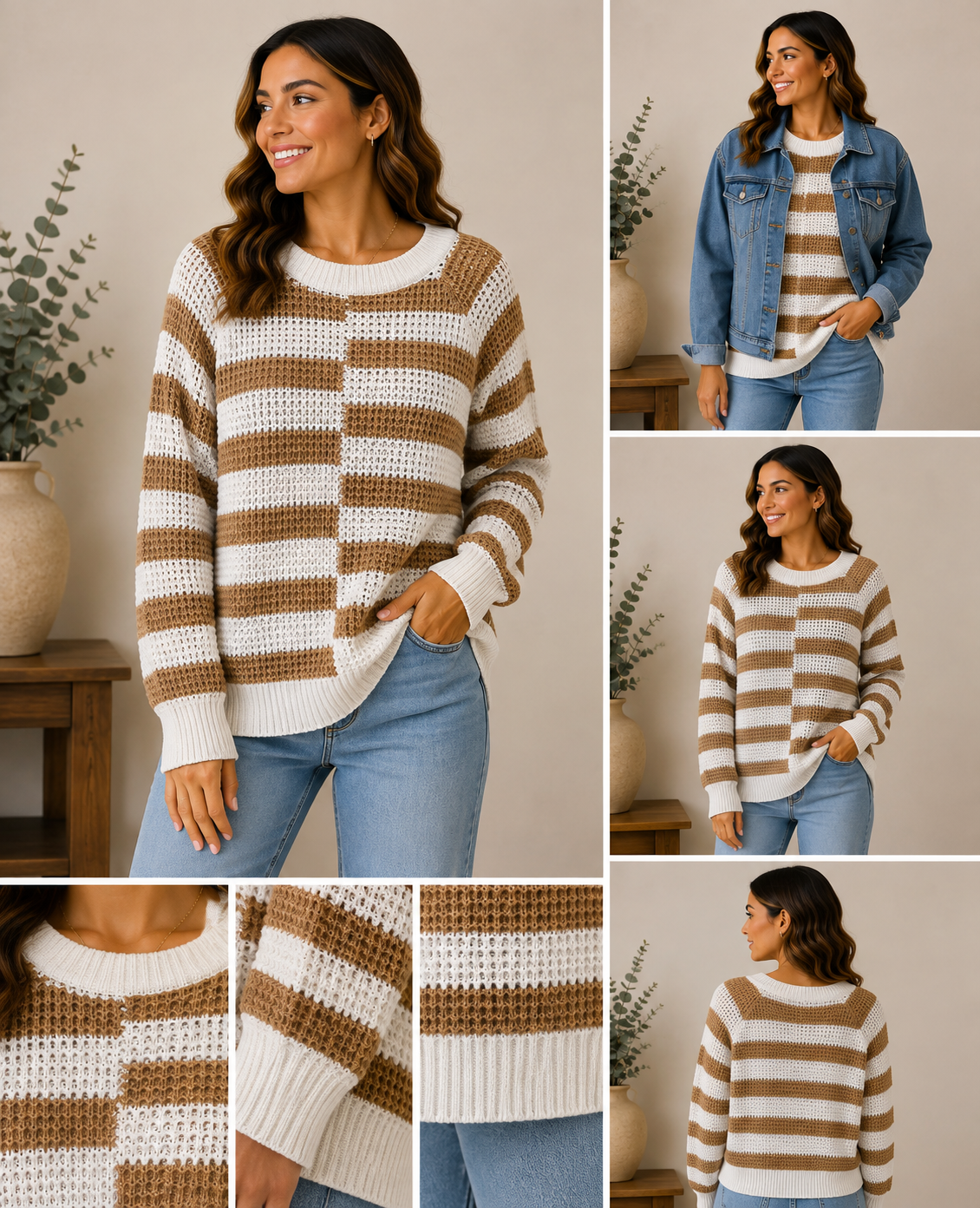Woman wearing the caramel check cozy knit sweater in caramel brown & cream.