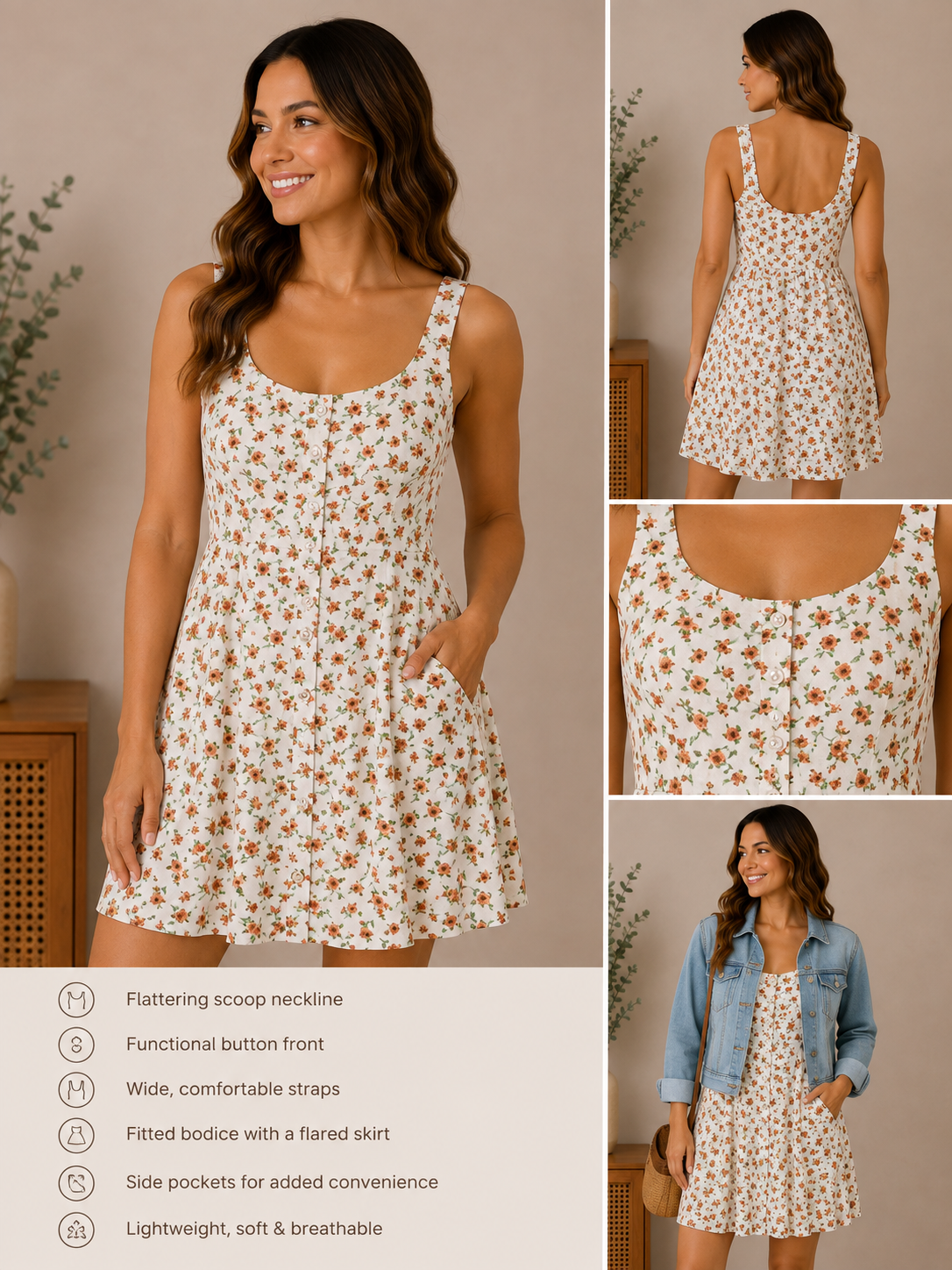 Woman wearing the golden hour floral button-front dress in ivory / rust floral.