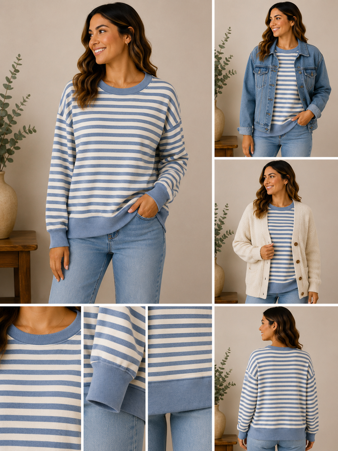 Woman wearing the coastal days striped pullover in soft blue & cream stripe.