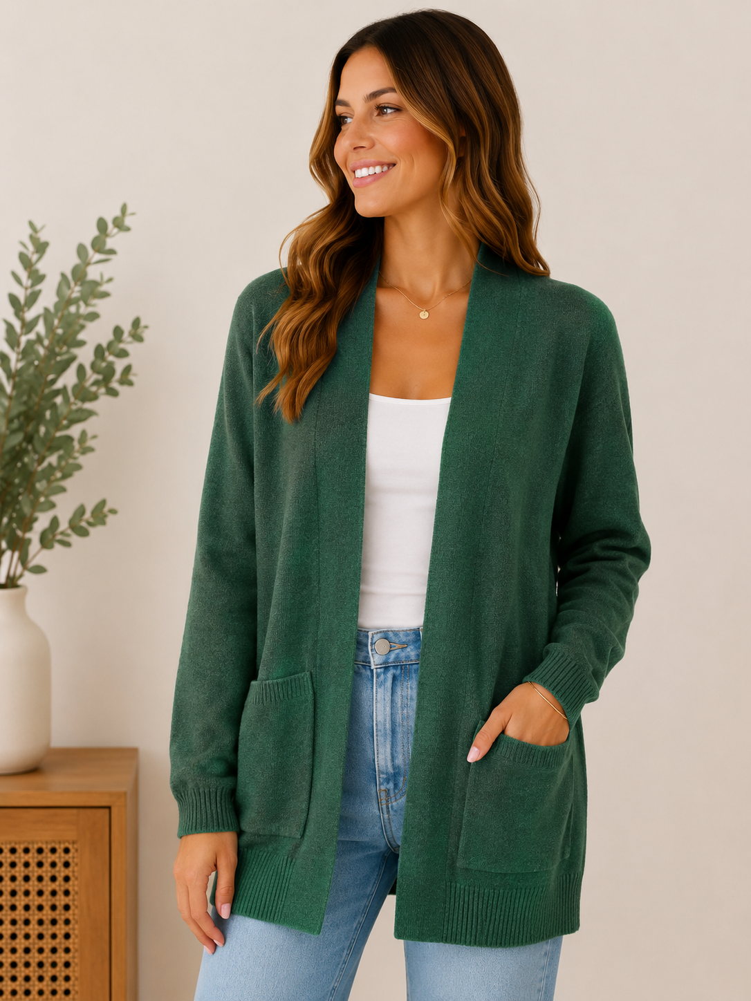Woman wearing the evergreen essential pocket cardigan in evergreen / forest green.