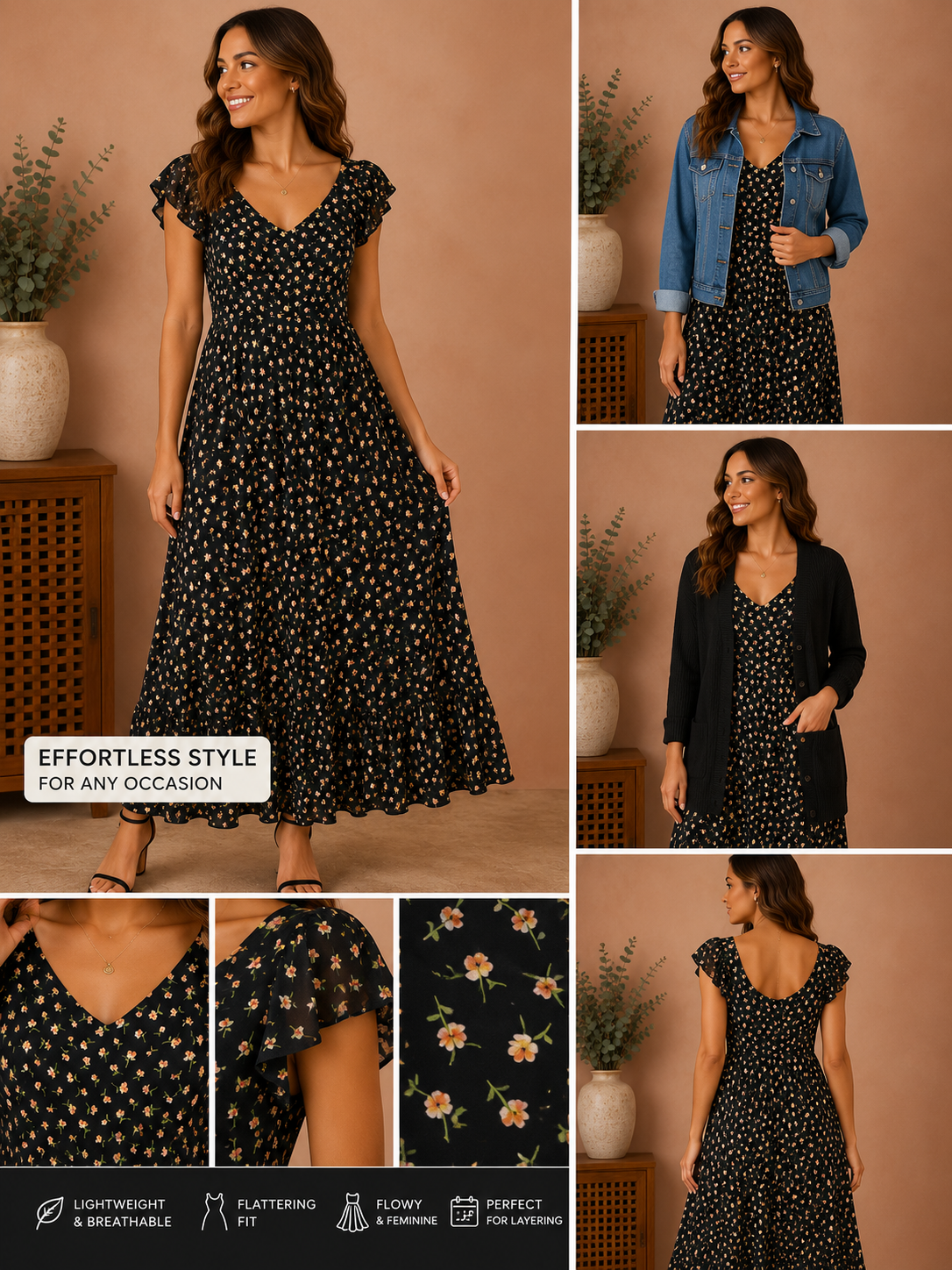 Woman wearing the midnight floral flutter sleeve maxi dress in black floral.