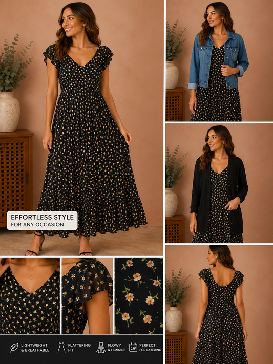 Woman wearing the midnight floral flutter sleeve maxi dress in black floral.
