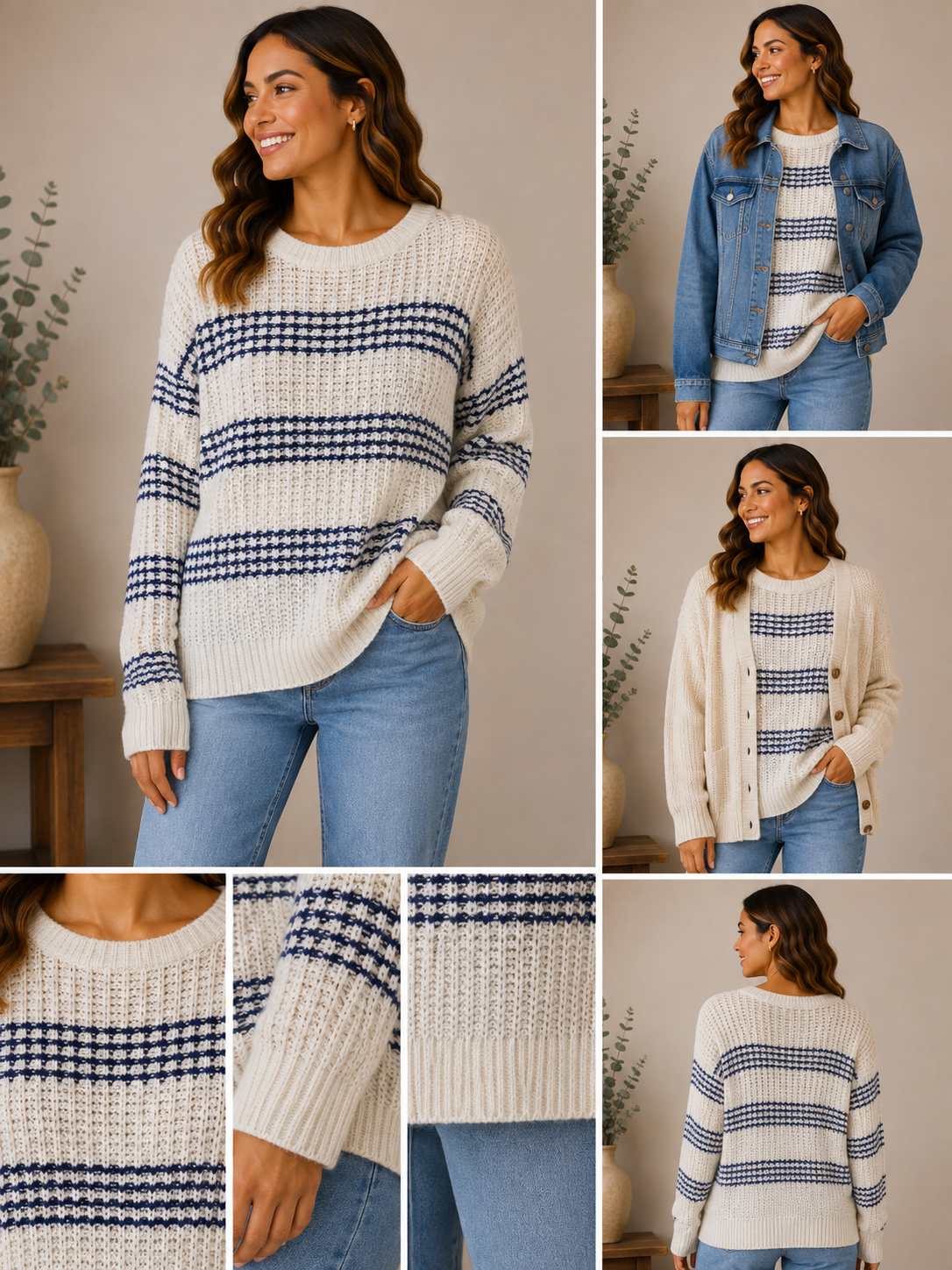 Woman wearing the harbor stripe knit sweater in cream & navy blue.