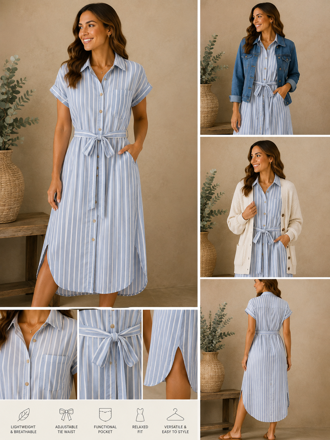 Woman wearing the coastal blue striped tie-waist midi dress in light blue & white stripe.