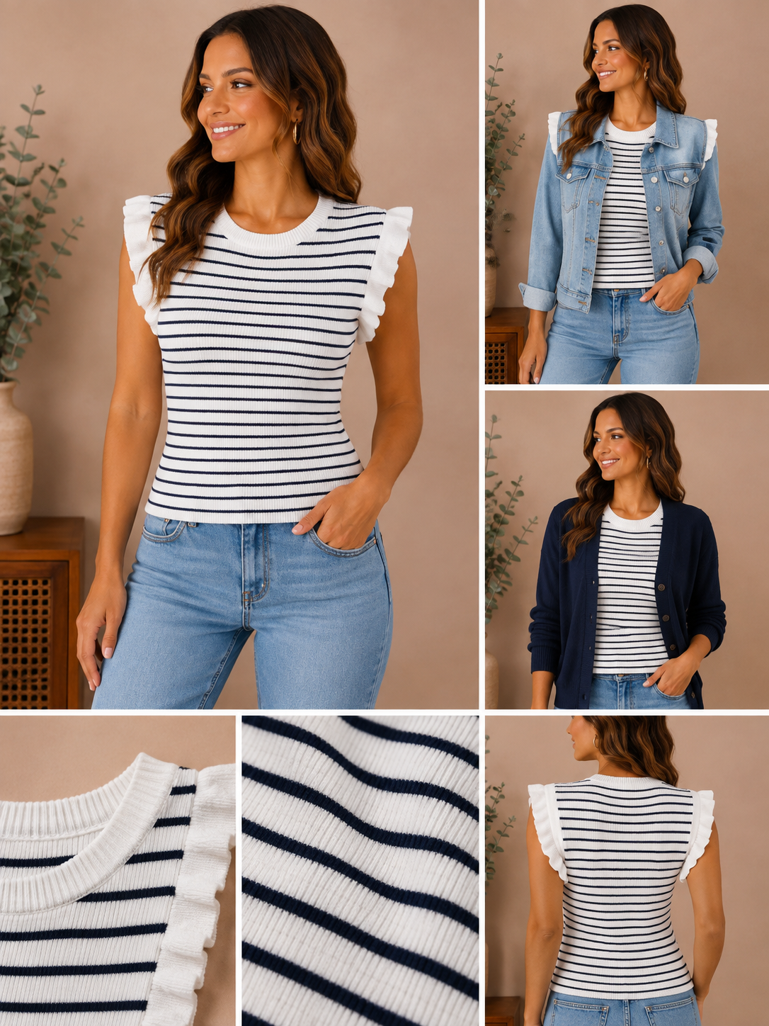 Woman wearing the harbor stripe ruffle knit top in ivory & navy stripe.
