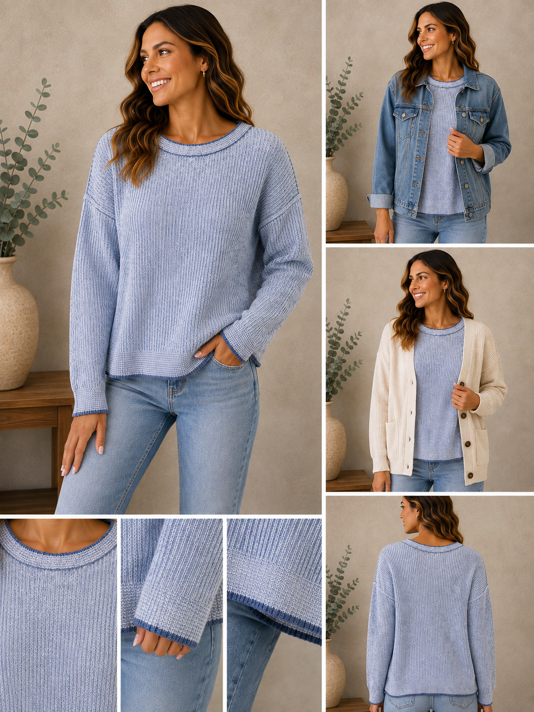Woman wearing the soft blue textured knit sweater in soft blue.