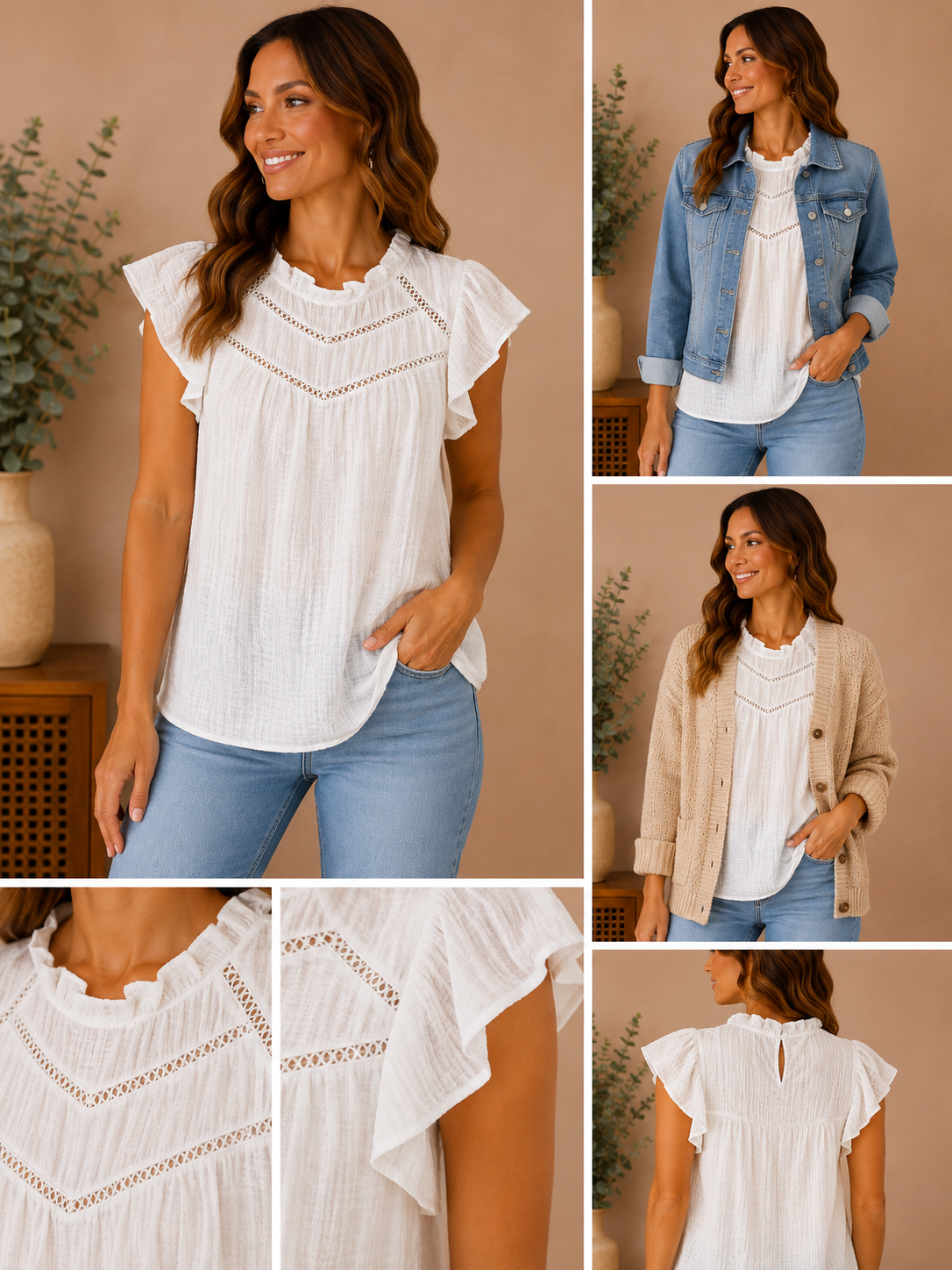 Woman wearing the sweet grace ivory lace blouse in ivory / soft white.