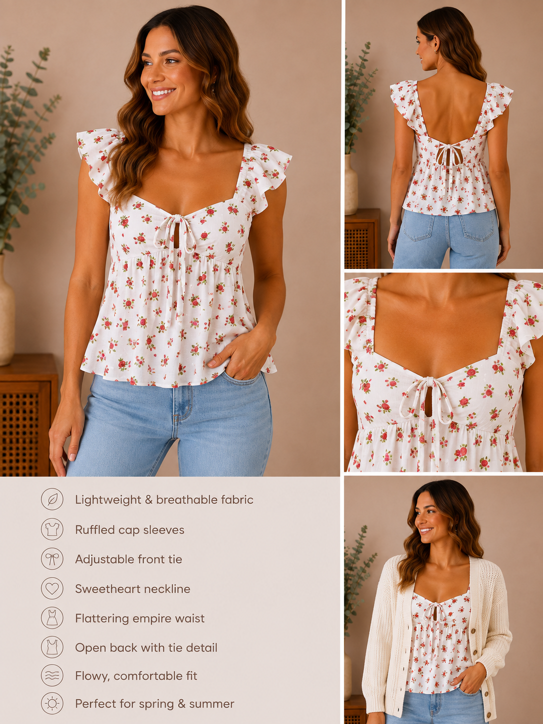 Woman wearing the sweet rose ruffle babydoll top in white / rose floral.
