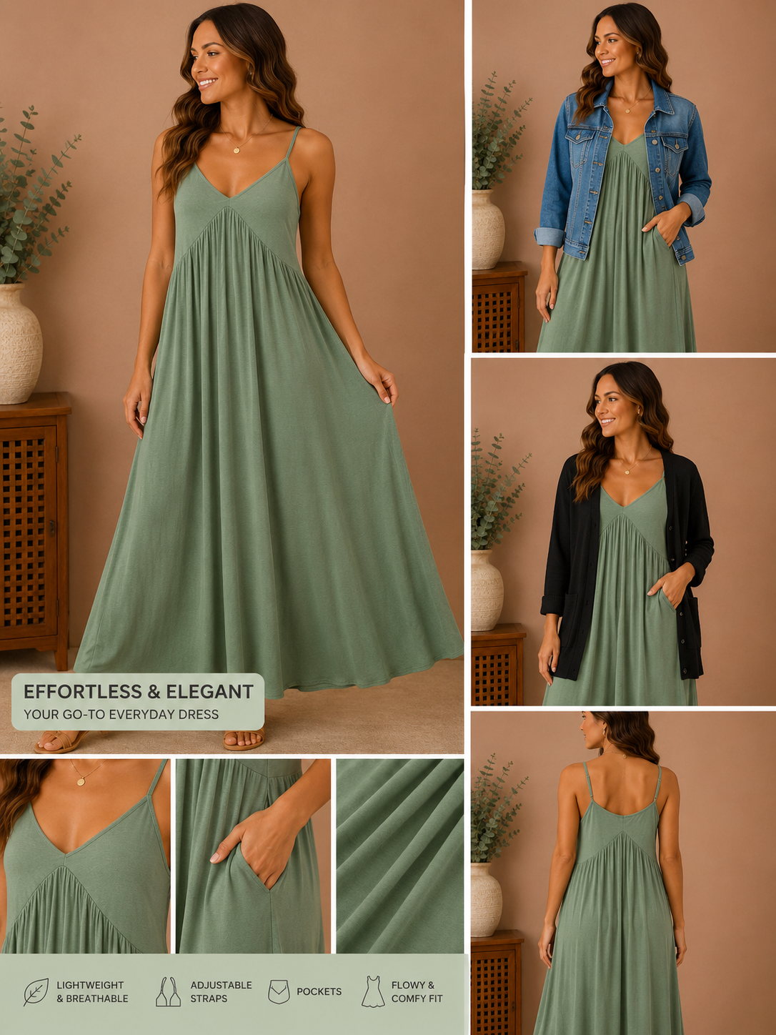 Woman wearing the sage escape flowy maxi dress with pockets in sage green.