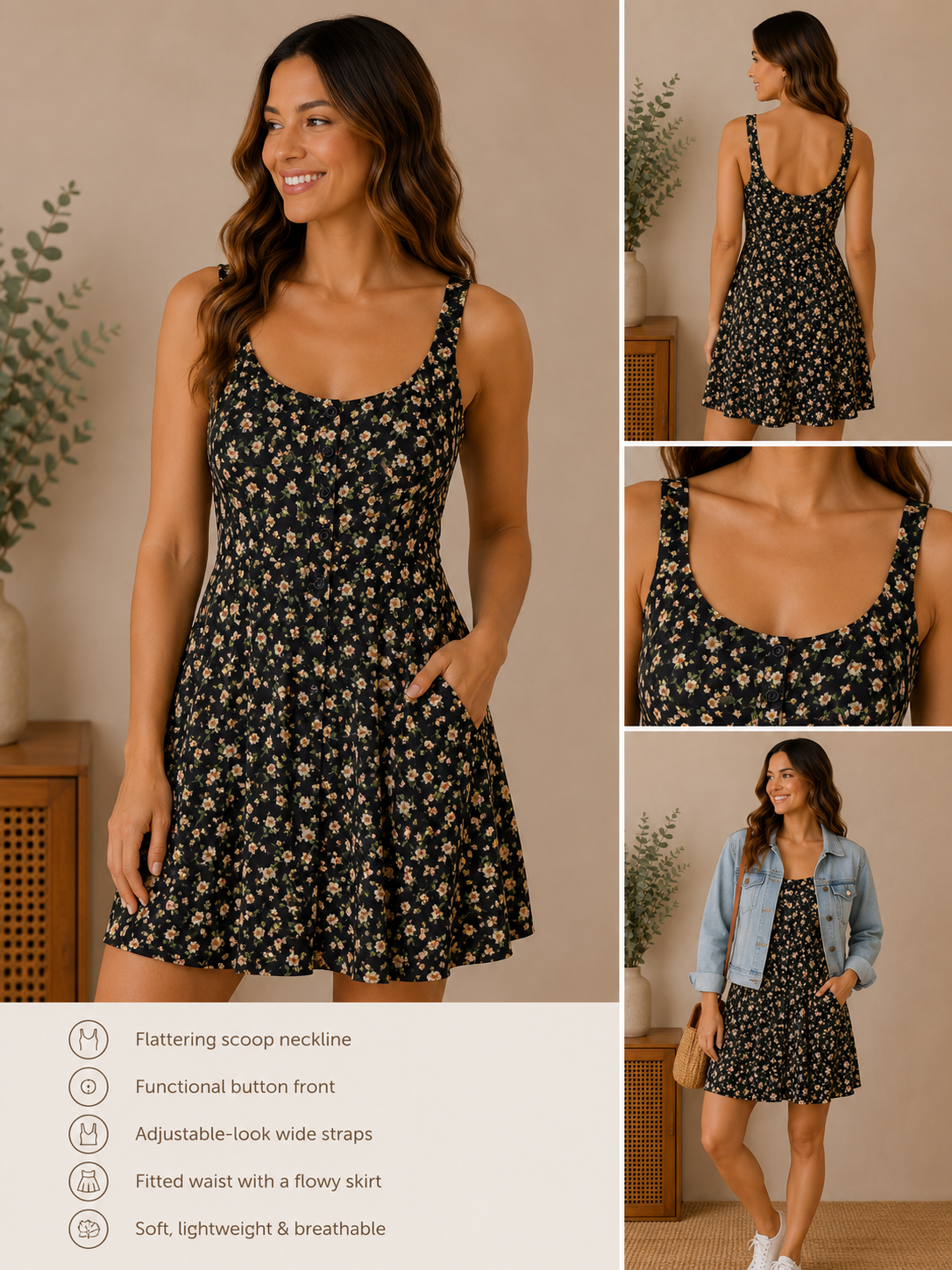 Woman wearing the midnight meadow floral mini dress in black multi floral.