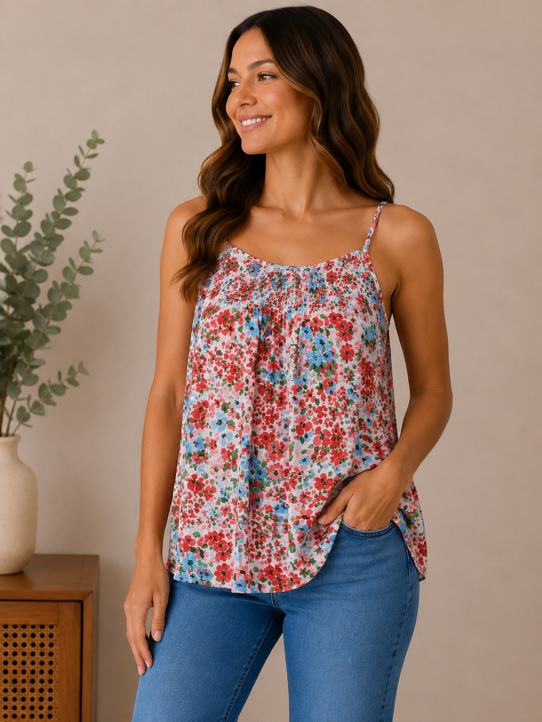 Woman wearing the wildflower days floral cami in multicolor floral.