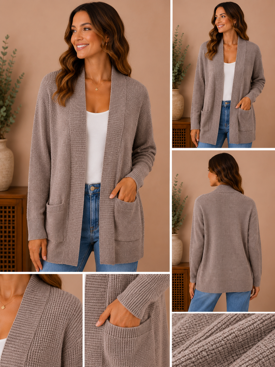 Woman wearing the everyday essential taupe pocket cardigan in taupe gray.