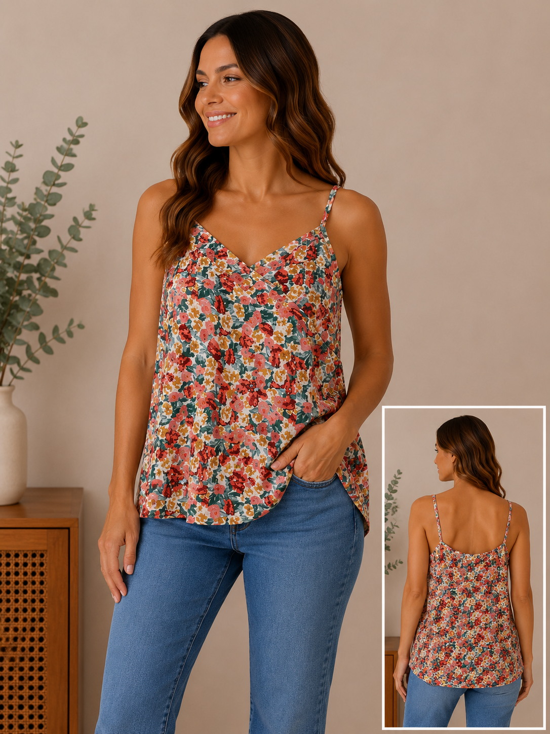 Woman wearing the autumn garden floral cami in warm multicolor floral.