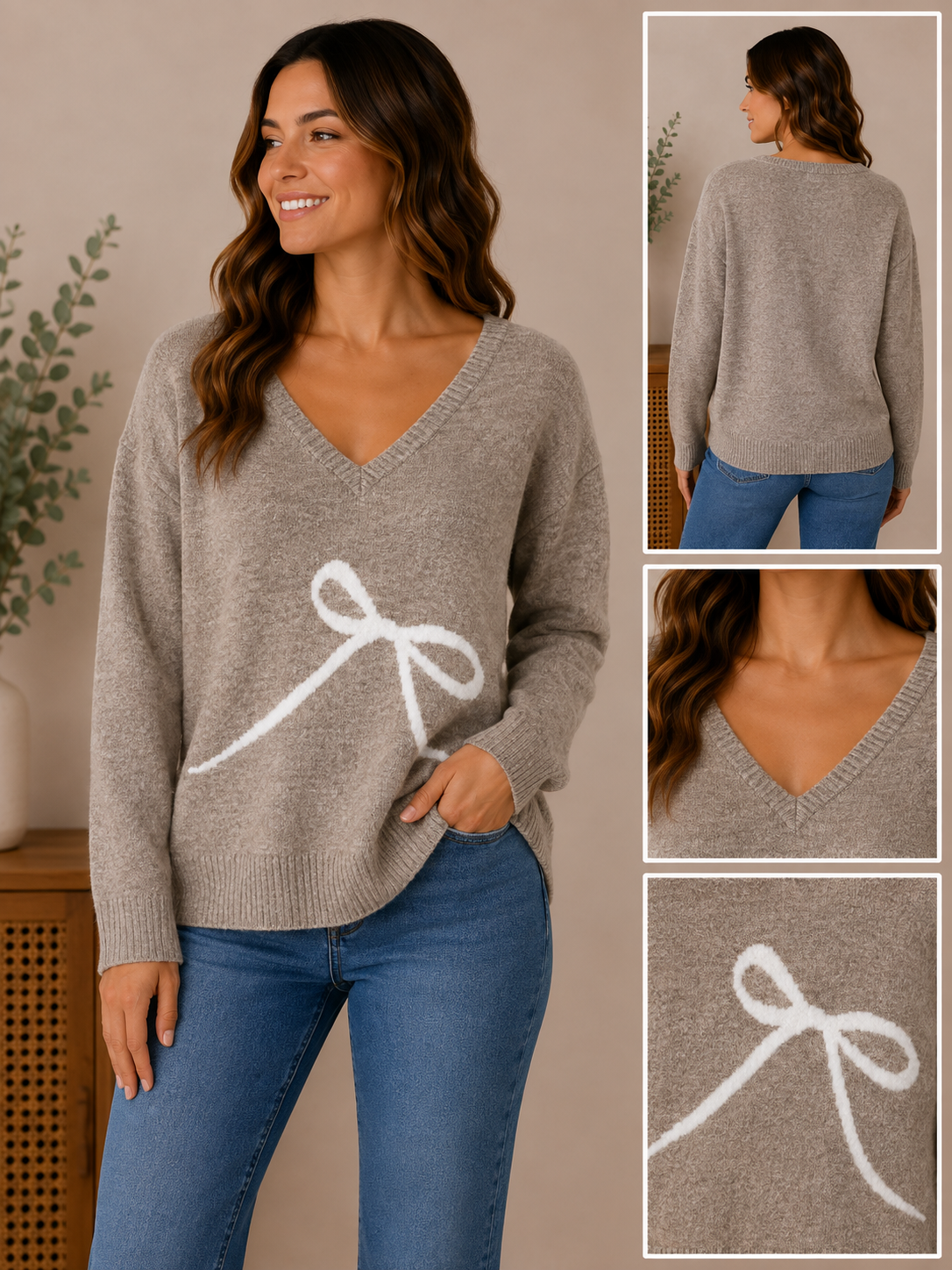 Woman wearing the tied in taupe bow sweater in taupe / ivory.