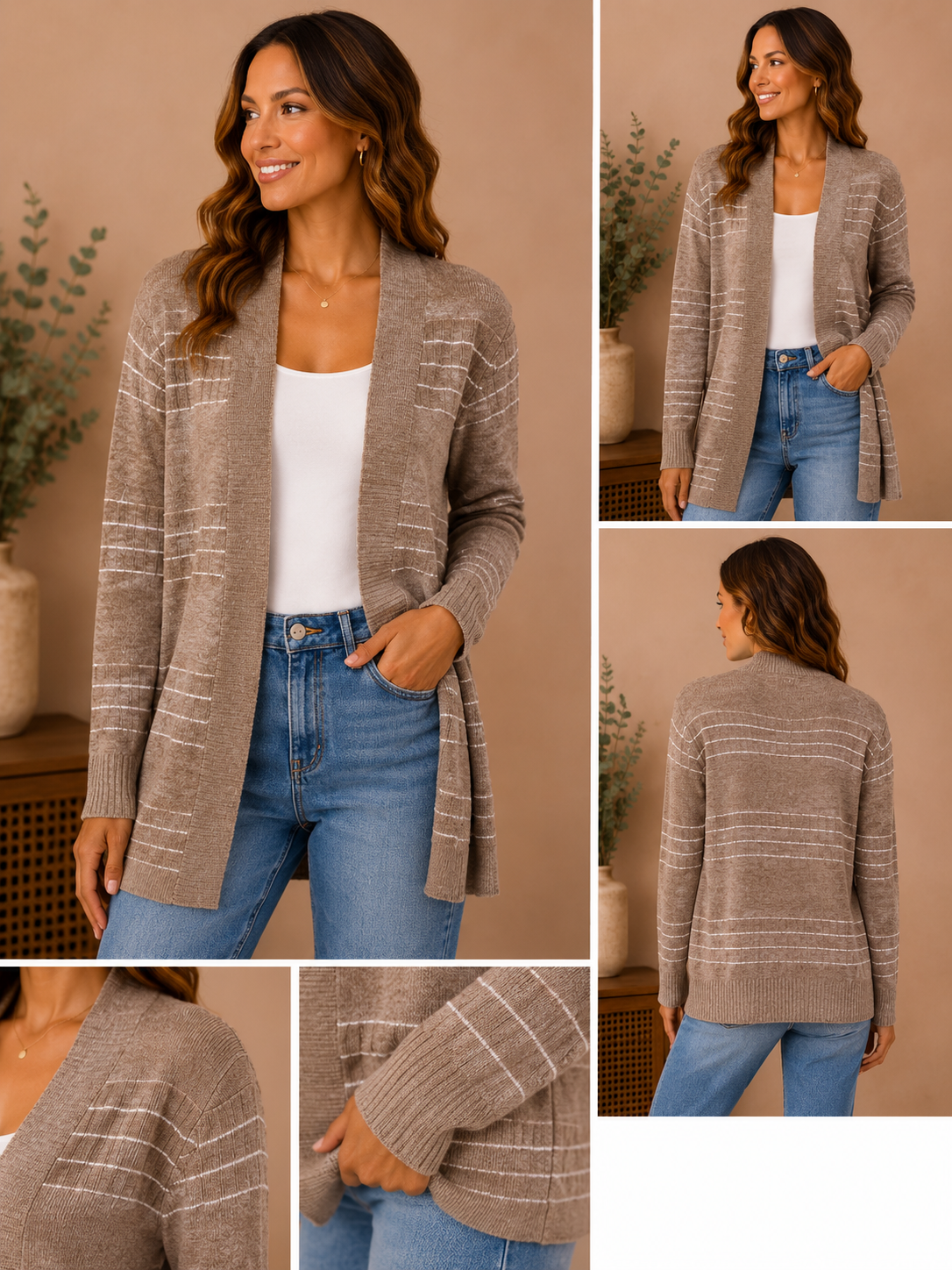 Woman wearing the cozy lines mocha cardigan in mocha/taupe with ivory stripes.