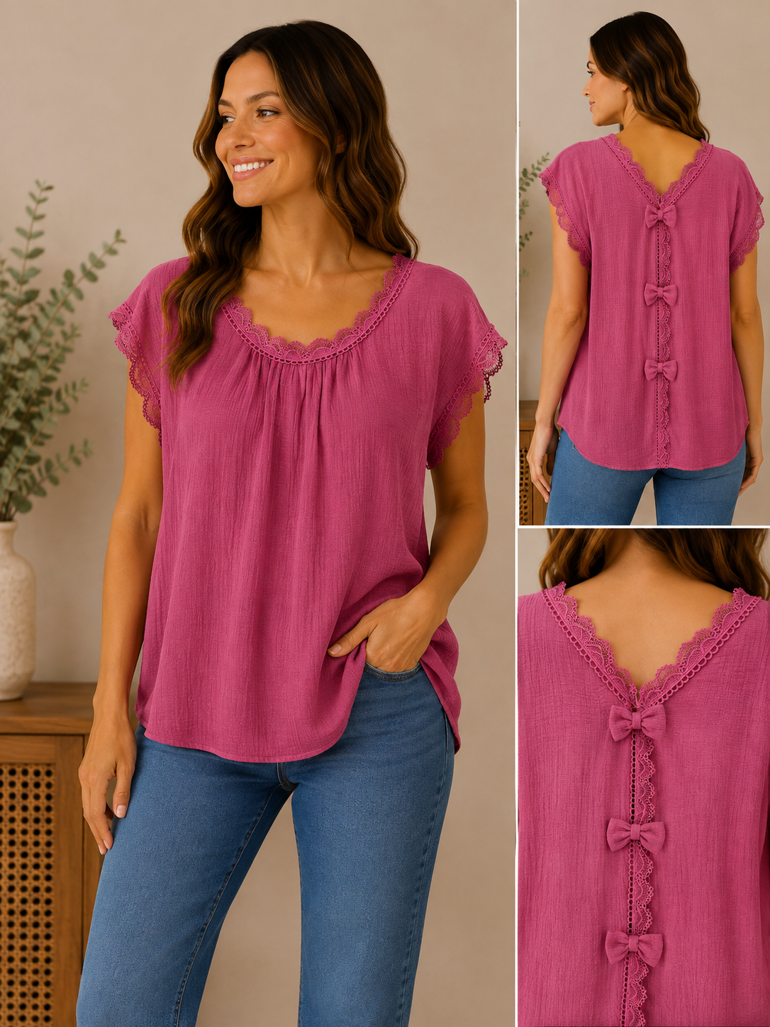 Woman wearing the berry sweet bow-back blouse in berry pink / magenta.