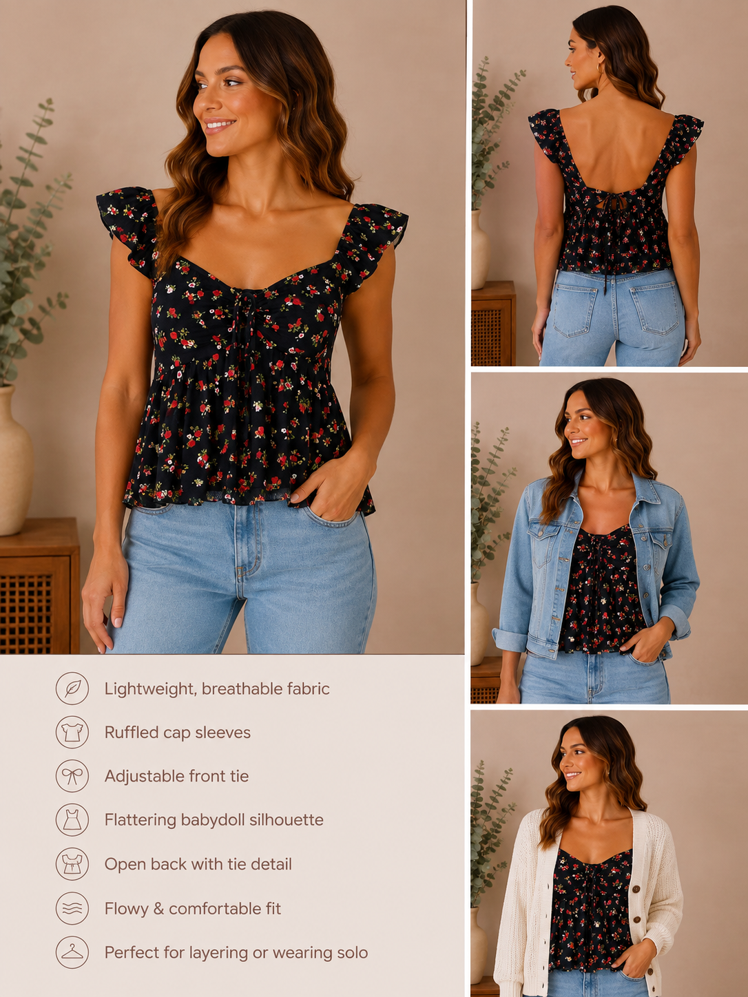 Woman wearing the midnight meadow ruffle babydoll top in black multi floral.