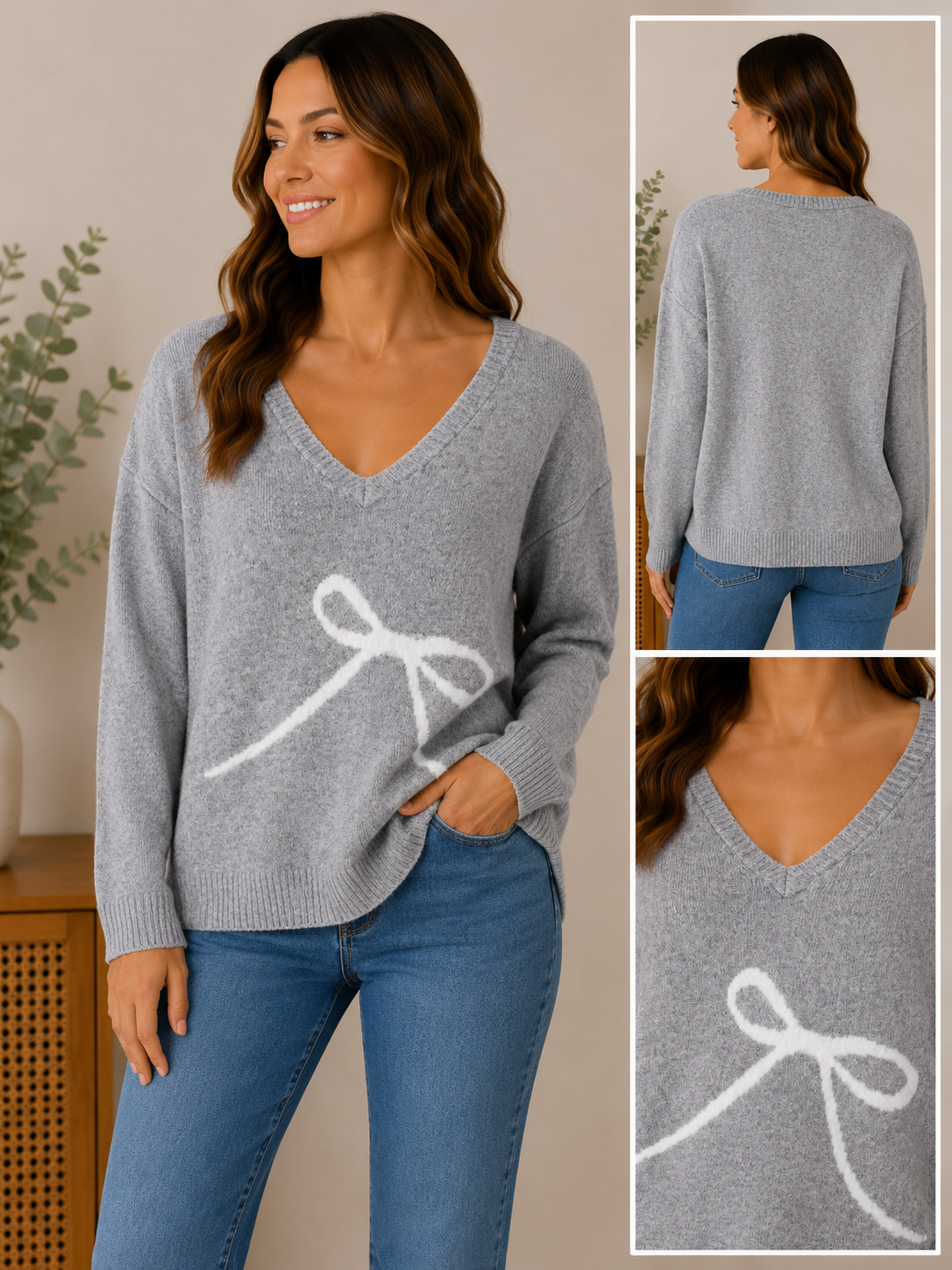 Woman wearing the sweetly tied bow sweater in heather gray / white.