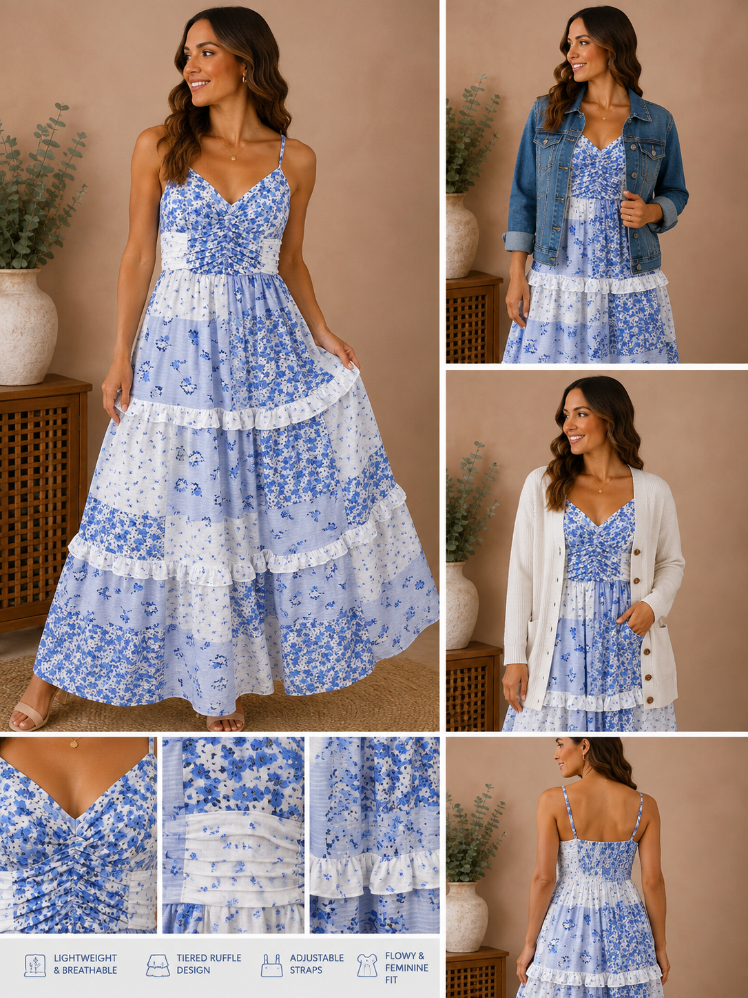 Woman wearing the blue & white floral patchwork tiered maxi dress in blue & white floral.