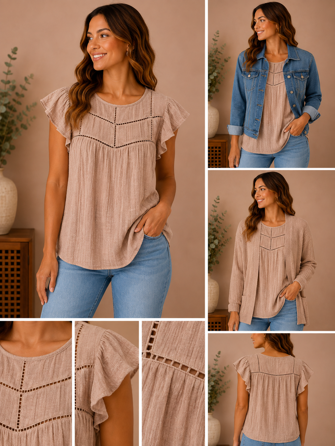 Woman wearing the soft romance mocha blouse in mocha / dusty taupe.