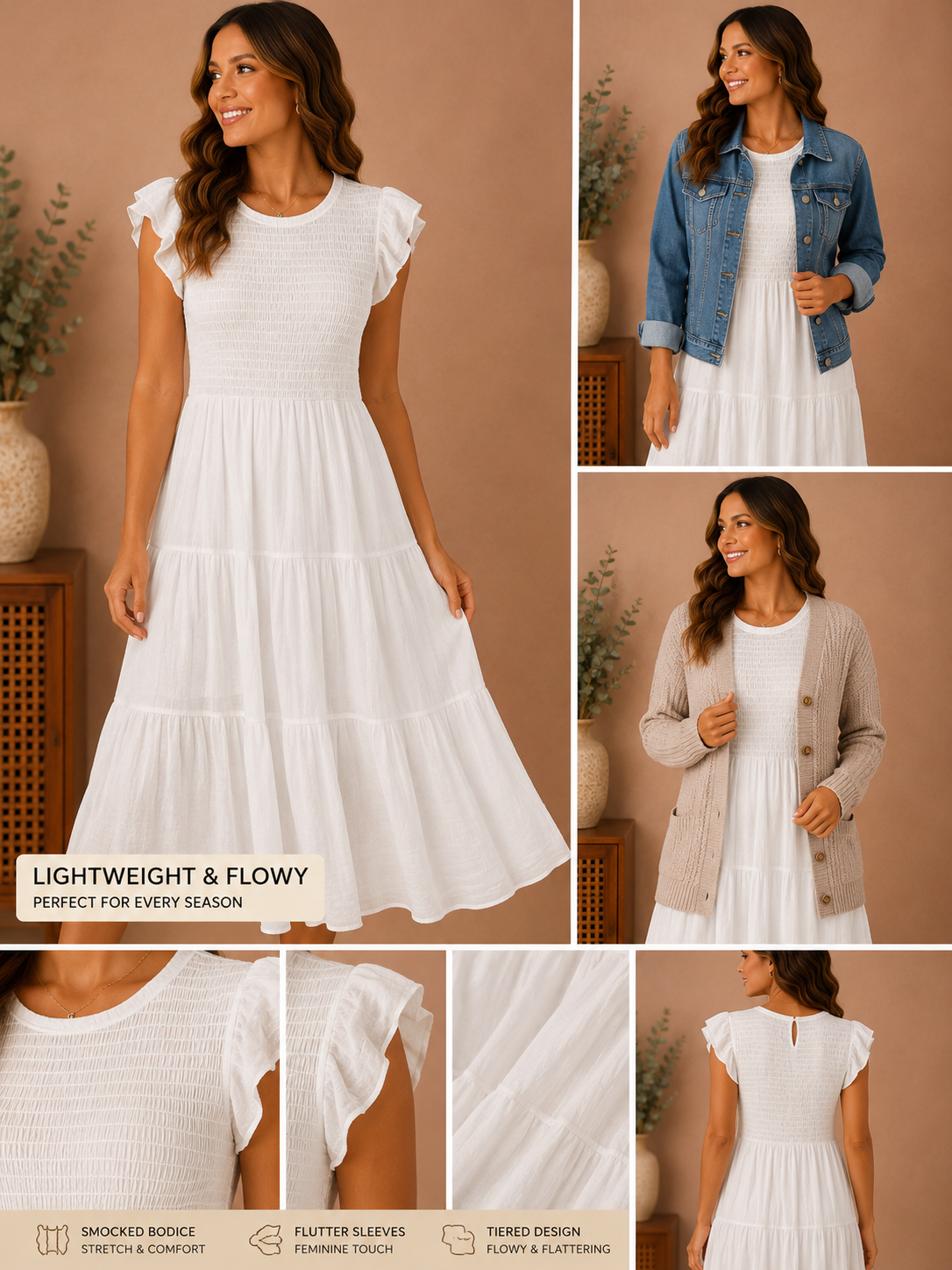 Woman wearing the white smocked flutter sleeve tiered midi dress in white.