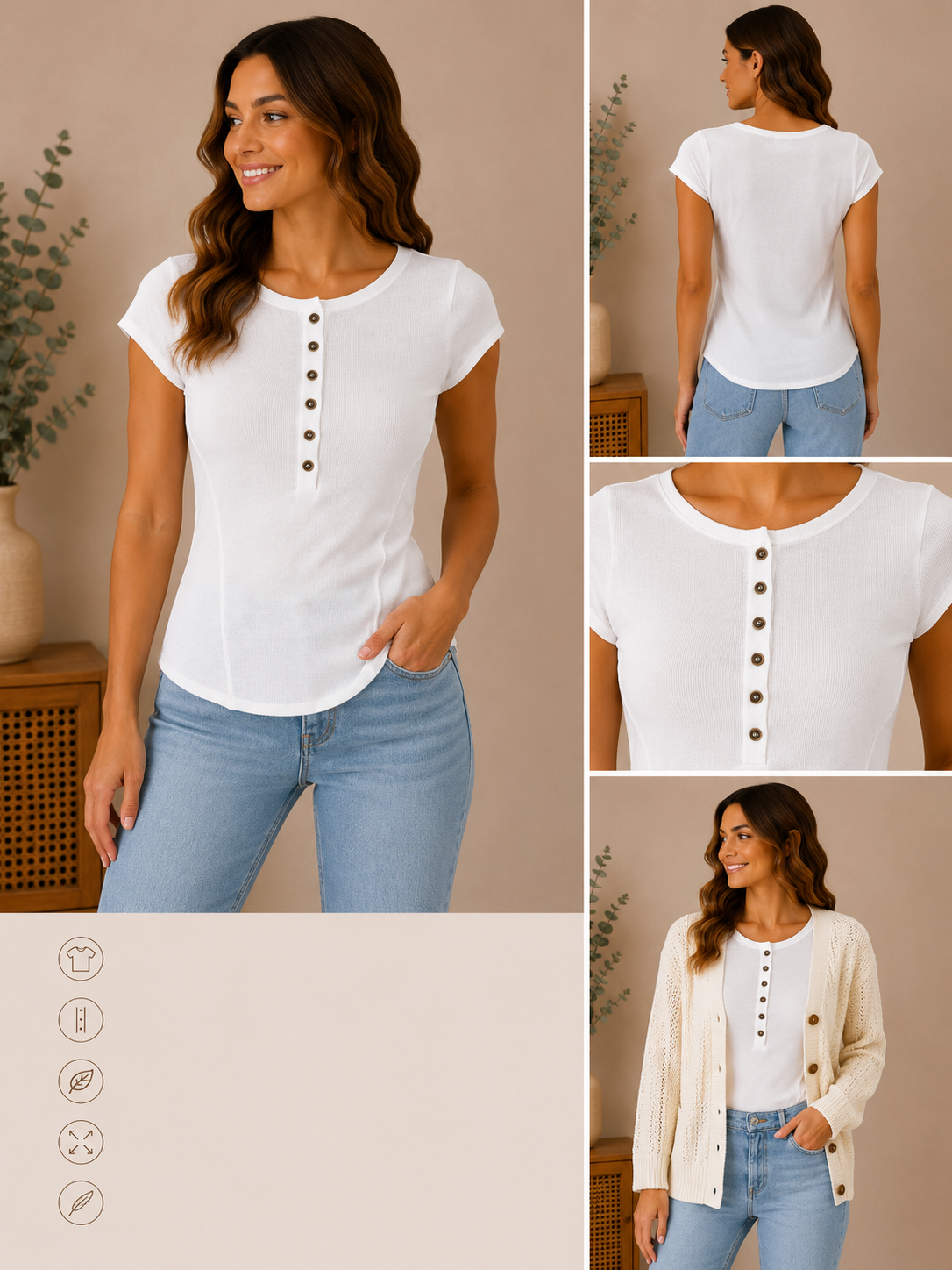 Woman wearing the everyday essential ribbed button tee in white.