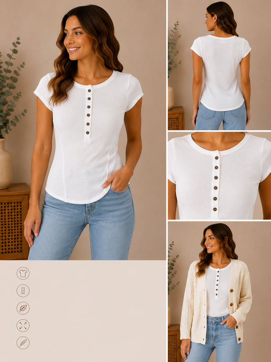 Woman wearing the everyday essential ribbed button tee in white.