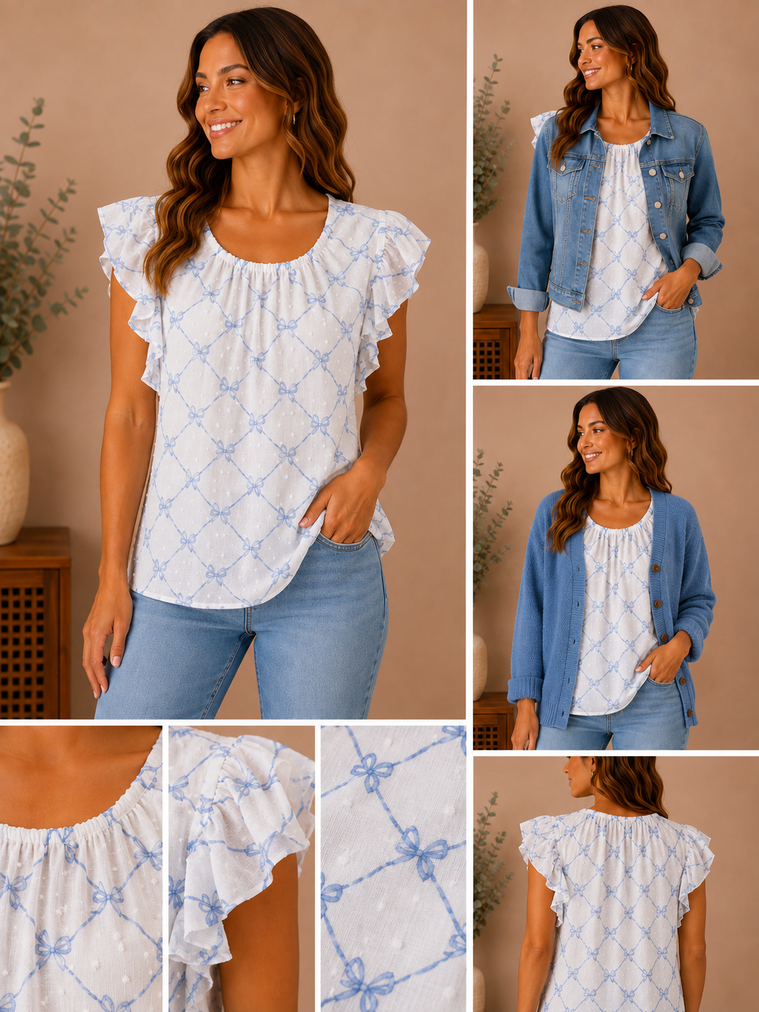 Woman wearing the blue bow ruffle blouse in white & powder blue.
