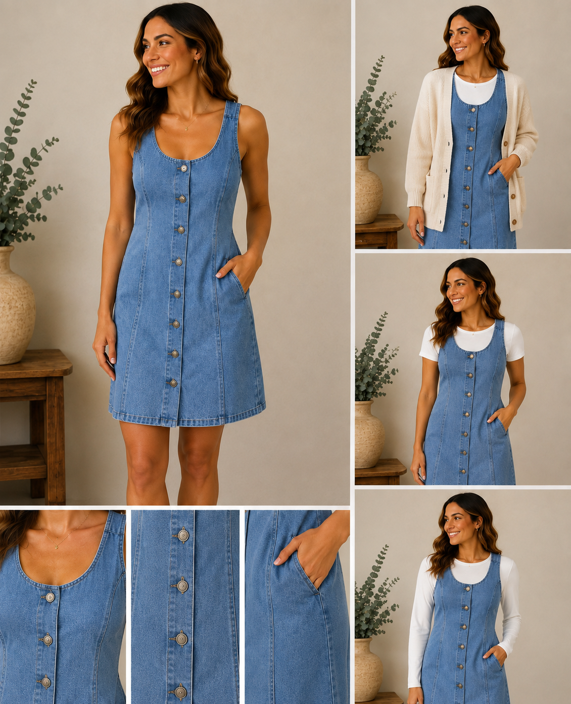 Woman wearing the the everyday denim button-front dress in medium wash denim.