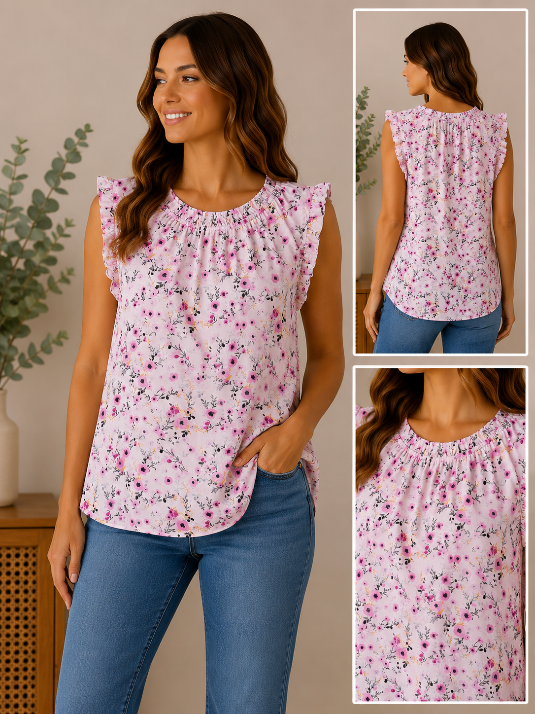 Woman wearing the blushing meadow ruffle blouse in blush pink multi floral.