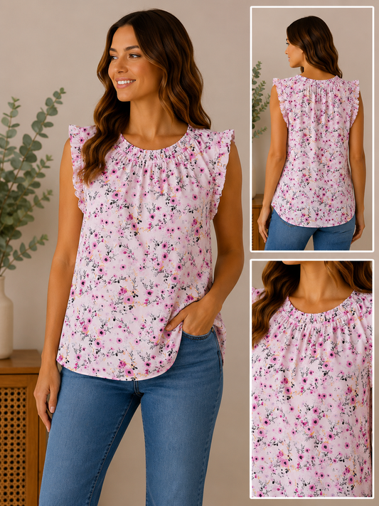 Woman wearing the blushing meadow ruffle blouse in blush pink multi floral.