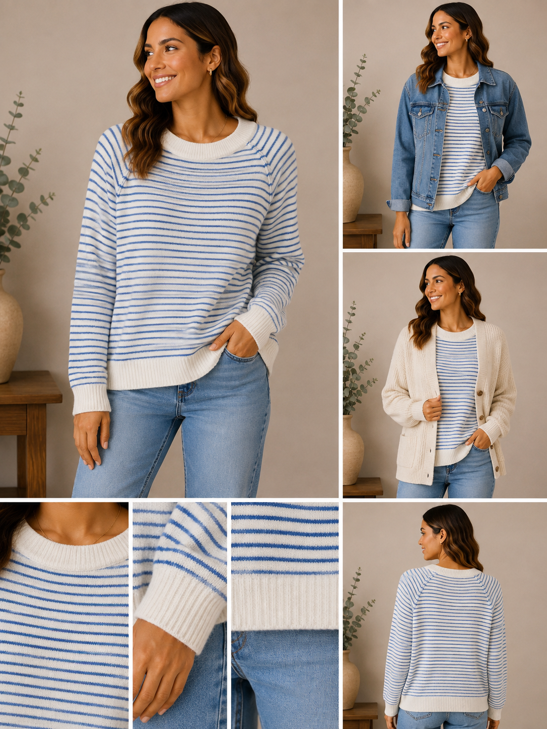 Woman wearing the seaside stripe knit sweater in cream & soft blue.