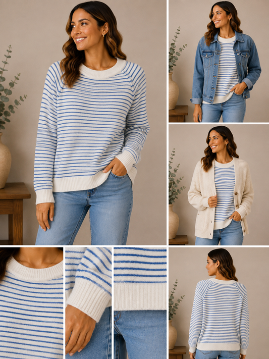 Woman wearing the seaside stripe knit sweater in cream & soft blue.