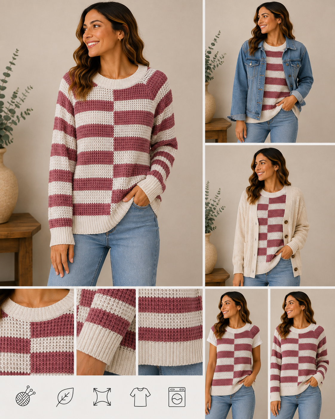 Woman wearing the berry & cream checkered knit sweater in berry/mauve & cream.