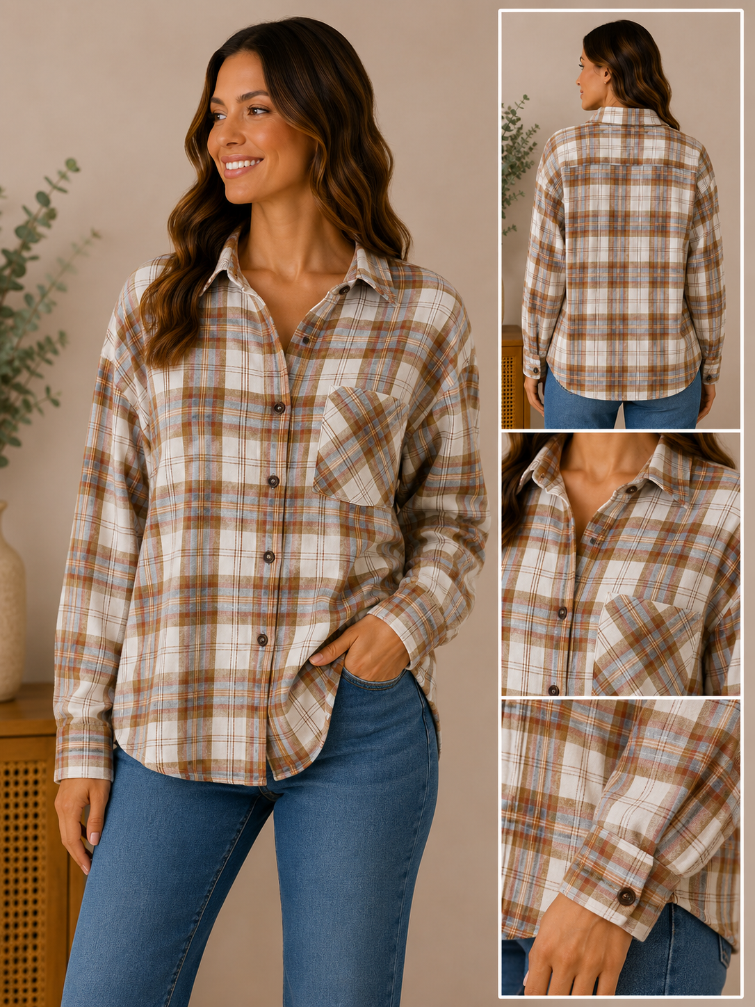 Woman wearing the harvest haze plaid button-up in ivory / caramel multi plaid.