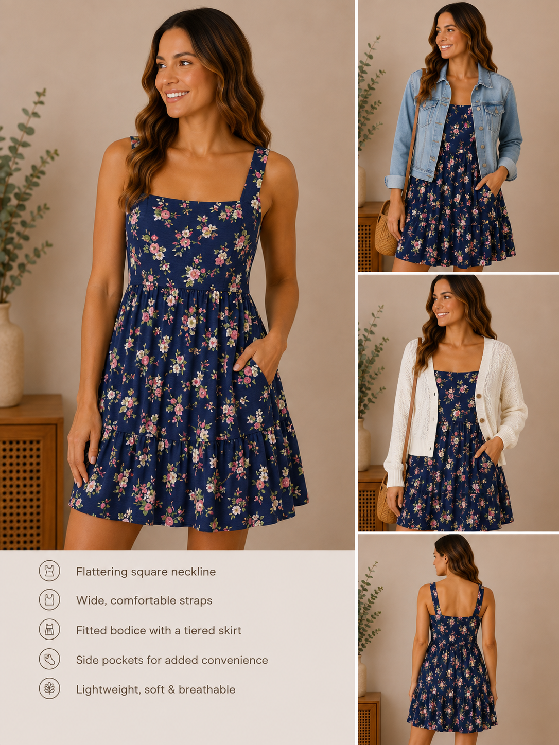 Woman wearing the midnight garden tiered floral dress in navy floral.
