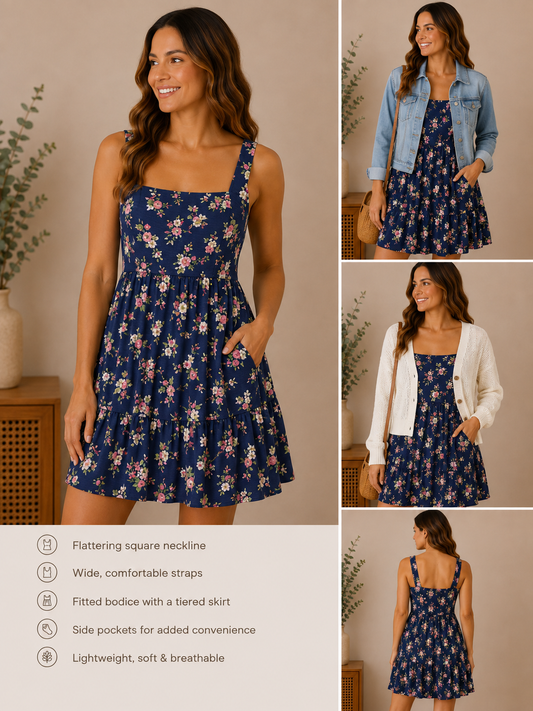 Woman wearing the midnight garden tiered floral dress in navy floral.